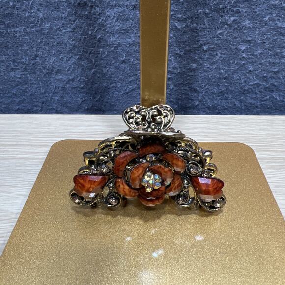 VTG Hair Claw Clip Multicolor Rhinestone Antique Gold Tone Metal Boho Lot of 3 main image 10
